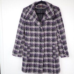 Via Spiga Womens 4P Jacket Wool Blend PeaCoat Pockets Purple Black Plaid